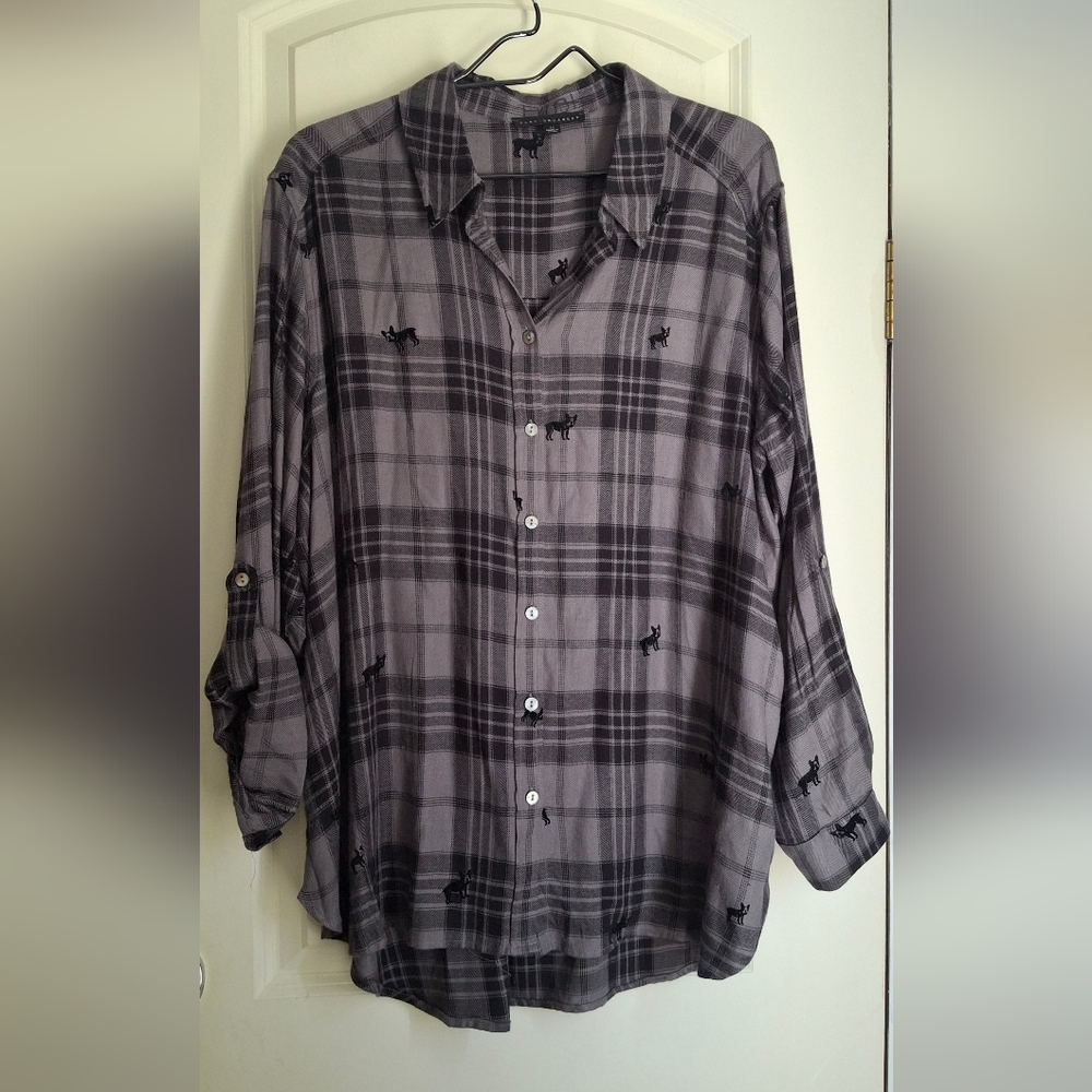 Gray‎ Plaid Button-Up Shirt with Dog Pattern 1x Goth Doggirls Plaid Long Sleeve